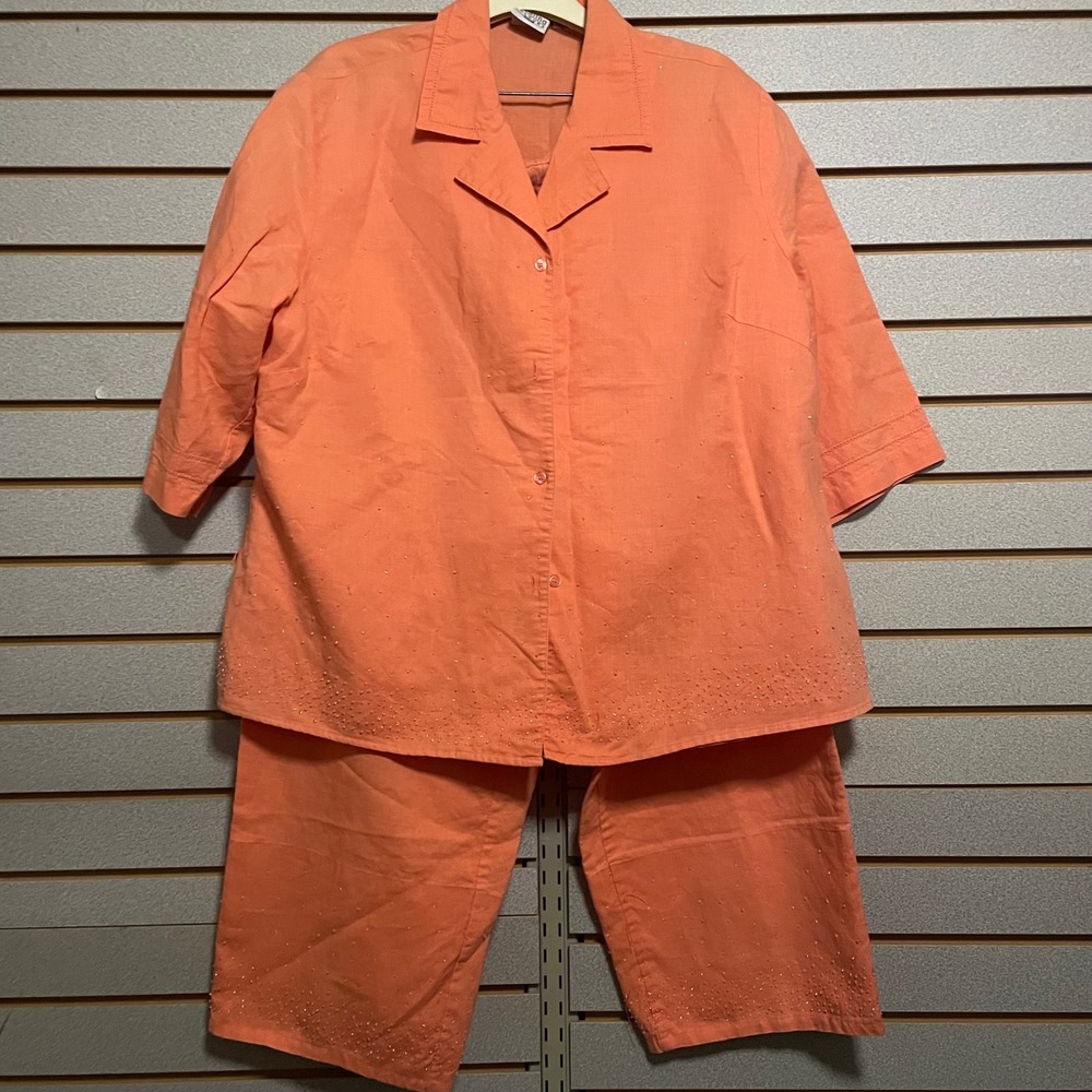 Carolina Colours Women's Orange Linen‎ Blend Beaded Capri Pants Set Size 16
